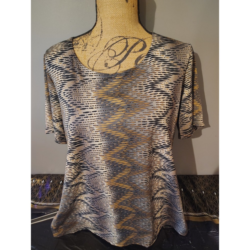 Notations Woman Abstract Animal Print Scoop Neck Short Sleeve Blouse 2X Gold